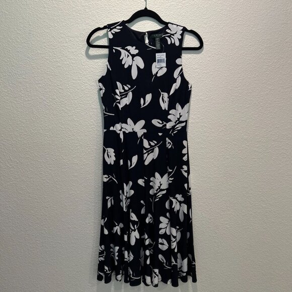 Lauren Ralph Lauren A Line Floral Cocktail Dress High Neck Black White Size 4 - Picture 6 of 10